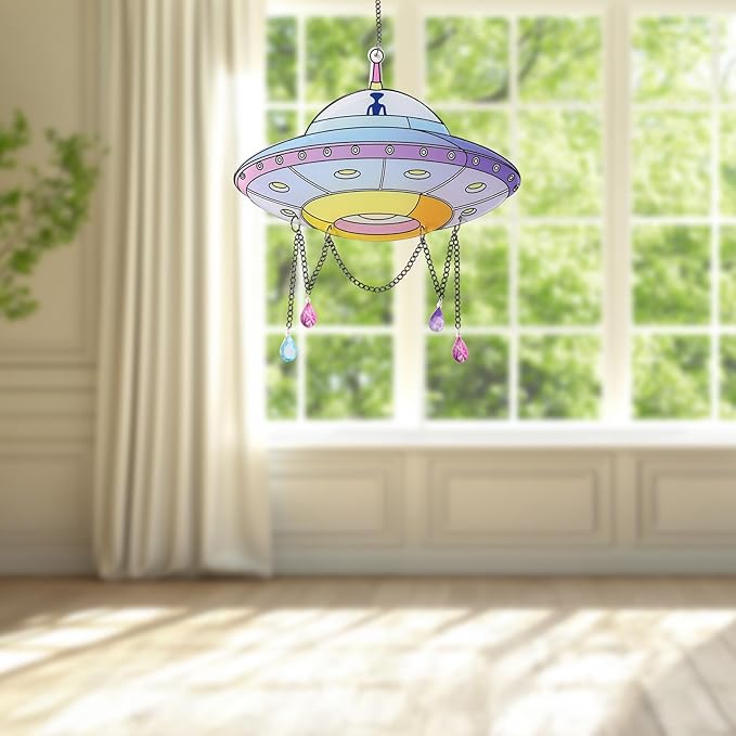 Colorful UFO Hanging Decoration with Chain & Bead Alien UFO Hanging Sun Catcher Ornament for Home Garden Christmas UFO Party Gift