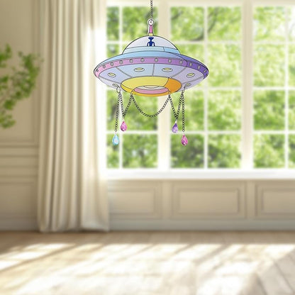 Colorful UFO Hanging Decoration with Chain & Bead Alien UFO Hanging Sun Catcher Ornament for Home Garden Christmas UFO Party Gift