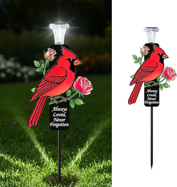 Solar Cardinal Memorial Stakes for Graves - Metal Cemetery Decorations with LED Light, Sympathy Gift for Loss of Mother Mom Grandma, Garden Grave Markers (Red Cardinal)