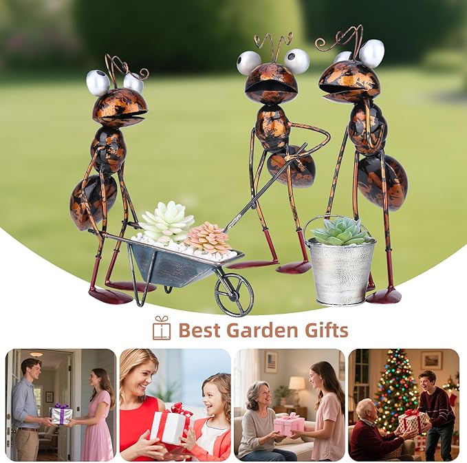 3-Piece 13" Busy Working Ants Metal Garden Statues for Outdoor Decor, Funny Metal Yard Art for Home Decoration, Handmade Retro Statue Gift for Garden Lovers, Women, and Men, for Various Settings