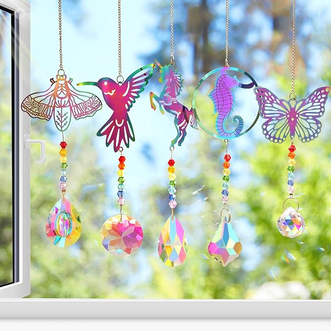 Crystal Suncatchers with Prisms Hanging Window Sun Catcher Decor Indoor Rainbow Maker Ornament Hummingbird Butterfly Prism Suncatchers Gift, Animal Sun Catchers Pack of 5