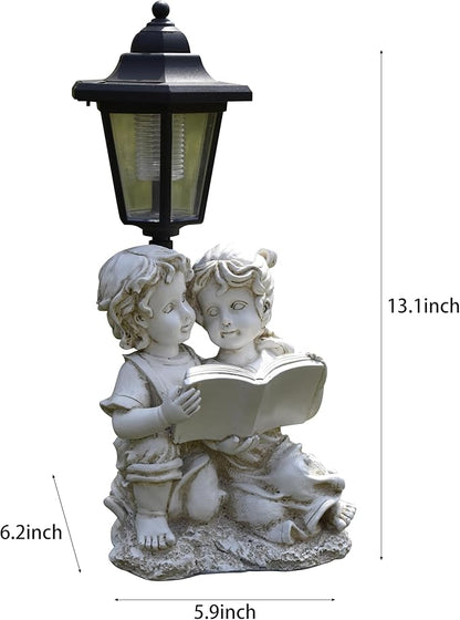Solar Garden Angel Country Farm Reading Boy and Girl with Light, Outside Decorations for Patio Yard Lawn Walkway Ornaments
