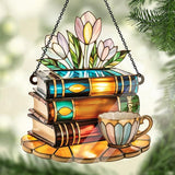 Jesuspirit - Window Hanging Suncatcher – Crystal Clear Acrylic & Wood Sun Catcher for Home Decor, for Women (Tea Cup and Library, 8 Inches)