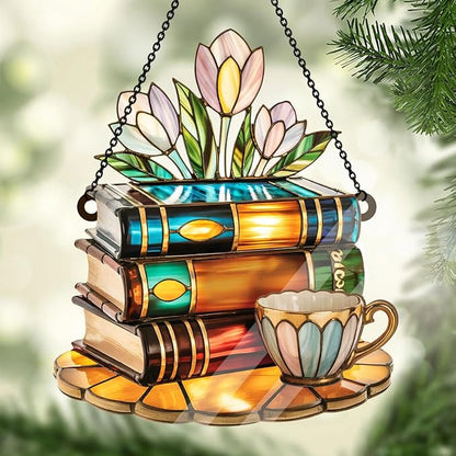 Jesuspirit - Window Hanging Suncatcher – Crystal Clear Acrylic & Wood Sun Catcher for Home Decor, for Women (Tea Cup and Library, 6 Inches)