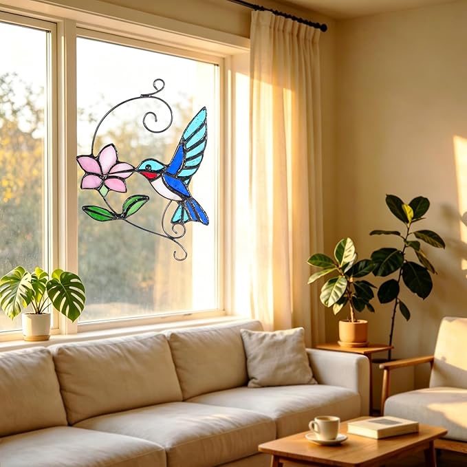 Blue Hummingbird Stained Glass Suncatcher with Flower, Handmade Window Hanging Light Catcher Bird Decor for Home & Garden, Glass Ornament Gift for Mom, Grandma & Nature Lovers