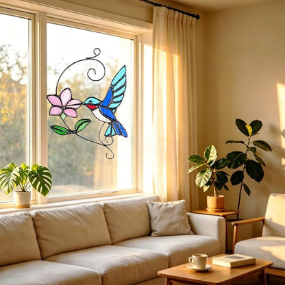 Blue Hummingbird Stained Glass Suncatcher with Flower, Handmade Window Hanging Light Catcher Bird Decor for Home & Garden, Glass Ornament Gift for Mom, Grandma & Nature Lovers