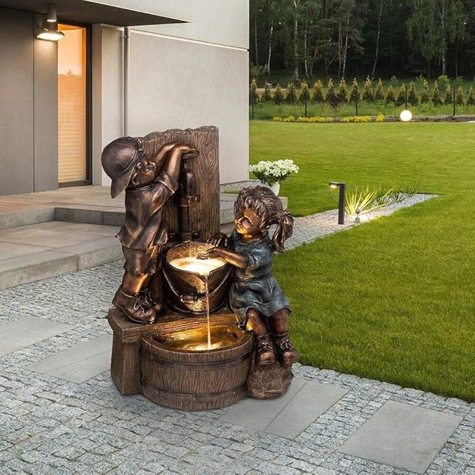 Boy and Girl Garden Statues Outdoor Ornament Sculptures Pressure Water Bath Drinking Figurines Decorations for Patio Yard Lawn Garden Gifts (Bath Bath Sculpture)