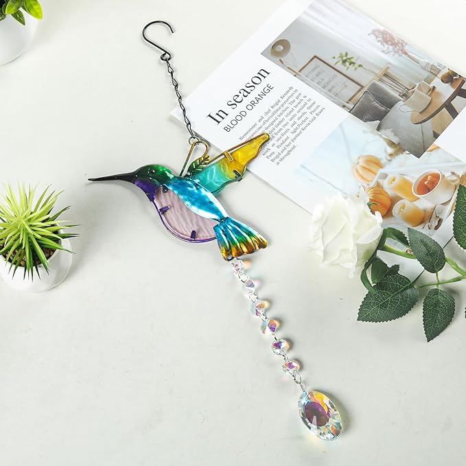 Hummingbird with Crystal Sun Catcher,Stained Glass Bird Suncatchers for Windows Hanging,Crystal Suncatcher Prism Hanging Ornament for Home Garden Party Decoration(Blue)