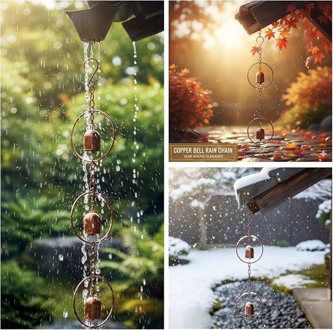 Metal Bell Rain Chain for Gutters, Rust Resistant Outdoor Rain Catcher, Perfect for Heavy Rain, Indoor/Outdoor Decoration, Dark Bronze Finish