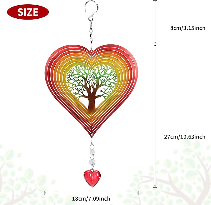 3D Heart Shaped Wind Spinner, 10"x7" Stainless Steel Outdoor with Tree of Life Design, Waterproof Colorful Hanging Wind Rotator with Soothing Bell, Decorative Garden Yard Patio Art Gift