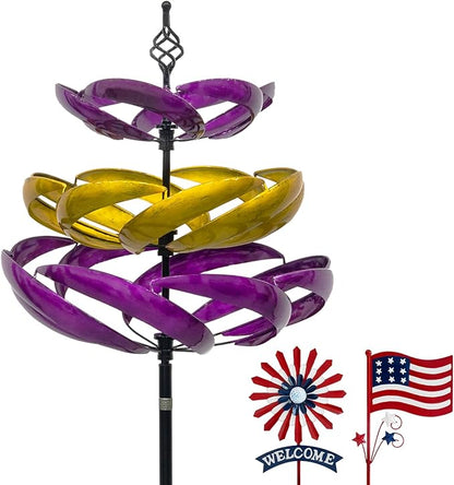 A ANLEOLIFE Wind Spinners Outdoor, 77" Large Metal Kinetic Wind Sculptures for Garden, 360 Degrees Swivel Yard Art with Welcome Sign and Flag Decoration