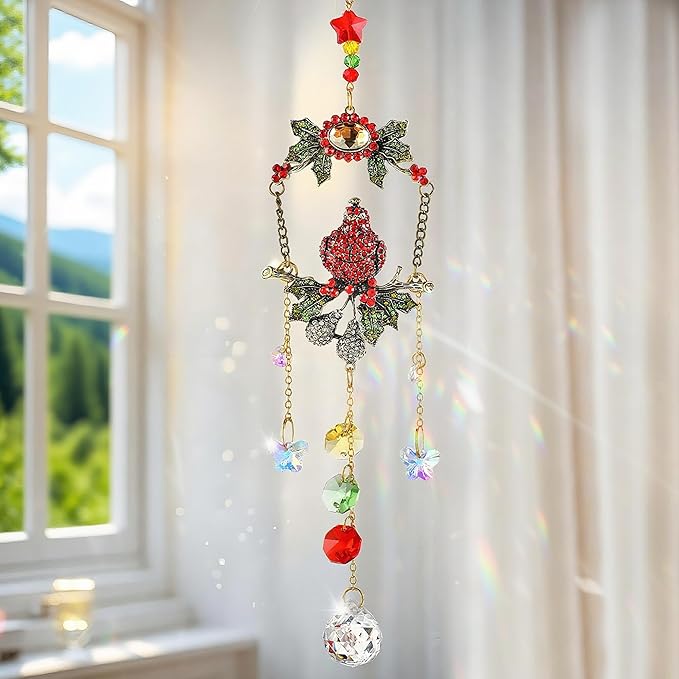 H&D HYALINE & DORA Cardinal on A Branch Suncatchers for Windows 17.5 Inch Crystal Sun Catcher with Metal Chain and Hooks Christmas Birthday Gift for Bird Lovers Women
