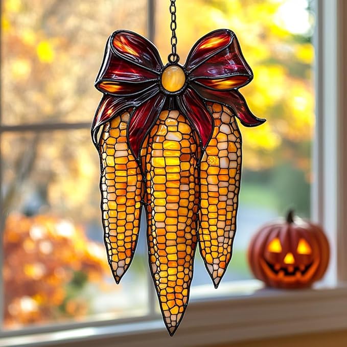 Farmhouse Corn Celebration Acrylic Suncatcher Stained Glass Effect Window Car Hanging Christmas Ornament Indoor Outdoor Decor Garden Sun Catcher Panel for Thanksgiving Lover for Women Mom Grandma