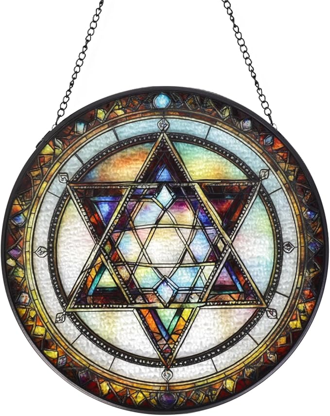 Star of David Stained Glass Window Hanging Suncatcher with Chain - 7.9" Outdoor/Indoor Art Decor for Home Garden, Thanksgiving, Wedding, Mother's, Valentine's & Christmas Ornaments Present