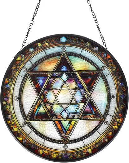 Star of David Stained Glass Window Hanging Suncatcher with Chain - 7.9" Outdoor/Indoor Art Decor for Home Garden, Thanksgiving, Wedding, Mother's, Valentine's & Christmas Ornaments Present