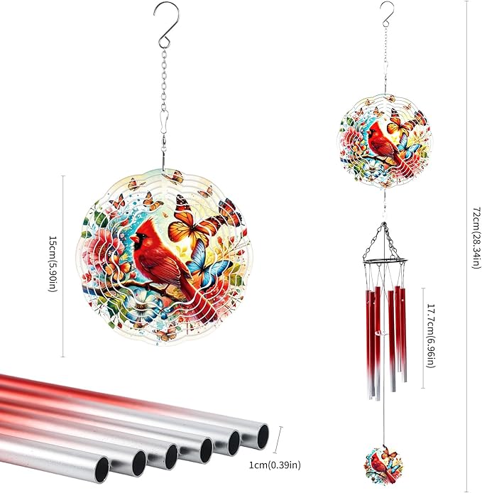 Cardinal Wind Chimes for Outside with 3D Butterfly Spinner, 28" Memorial Wind Chimes for Loss of Loved One, 6 Tuned Aluminum Tubes, Sympathy Gifts for Mom Grandma Garden Patio Decor