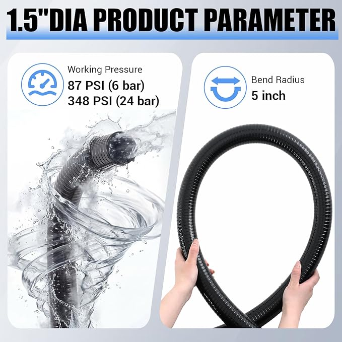 1.5" Dia Pond Pump Tubing, 25 ft x 1-1/2" Non Kink Flexible PVC Pipe, for Irrigation Koi Ponds Waterfall, Gardens Hose, Schedule 40 Reinforced Vinyl, UV Crush Resistant, Black