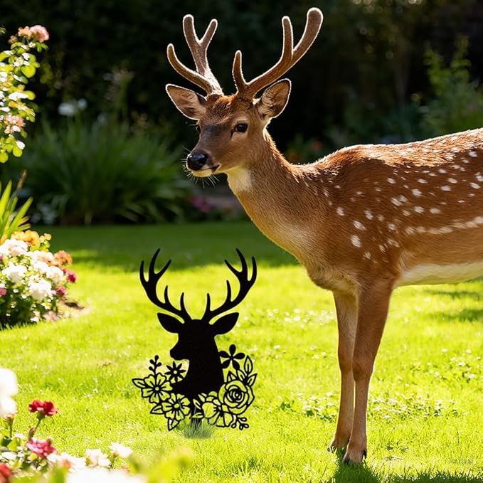 WADORN Deer Head Flowers Metal Decorative Garden Stakes, Black Outdoor Statues Silhouette Cute Deer Lover Gifts Animal Stakes Silhouette Ornaments for Yard Art Garden Patio Backyard Lawn Decors