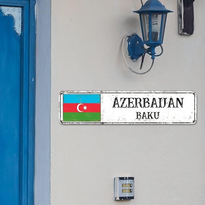 Azerbaijan Street Signs Azerbaijan Flag Metal Sign Capital City of Azerbaijan Metal Sign Road Rustic Wall Art Farmhouse Decorative Sign Home Decoration Gift for Foreign Friend, Neighbor 24x6inch