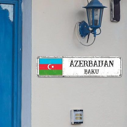 Azerbaijan Street Signs Azerbaijan Flag Metal Sign Capital City of Azerbaijan Metal Sign Road Rustic Wall Art Farmhouse Decorative Sign Home Decoration Gift for Foreign Friend, Neighbor 24x6inch