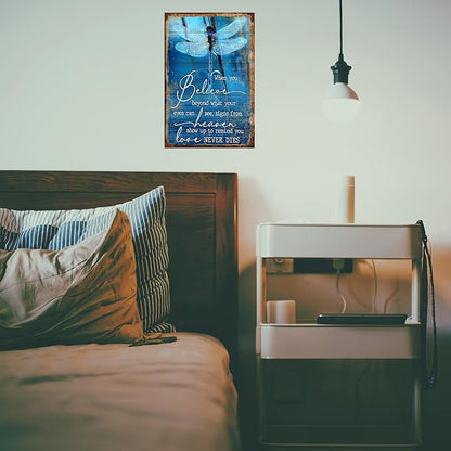 Dragonfly Tin Sign Metal Poster Vintage, Love never Dies, Wall Art Decor Gifts for Home Bar Kitchen Restaurant Bedroom Garden Plaque 8x12 Inch