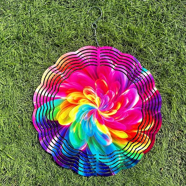 Wind Spinners Colorful Abstract Flower Art 9.8 x 9.8 Inch Metal Wind Spinner Outdoor Garden Yard Patio Decor Bright Rainbow Swirl Design Decorative Wind Spinners for Lawn Balcony