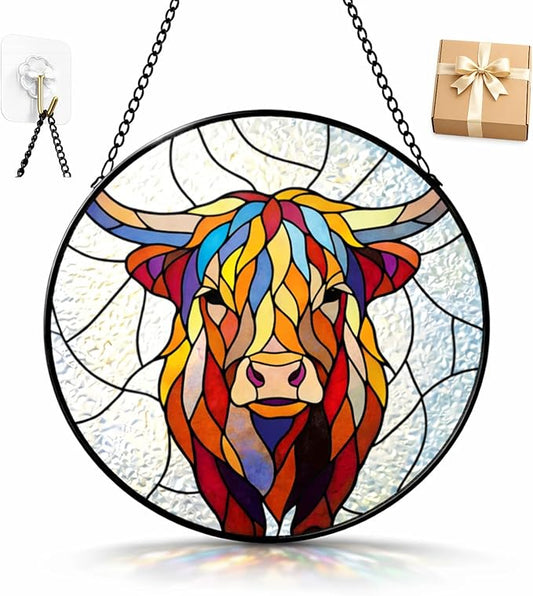 Highland Cow Suncatcher Window Hanging, 7.87" Stained Glass Decor, Meaningful Gift for Family, Friends and Loved Ones, Rustic Home Decor for Window, Wall, Living Room, Sunroom and Garden