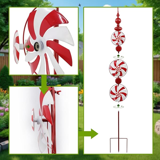 Red Candy Wind Spinner Mother's Day Outdoor Decorations,52 Inch Metal Wind Spinner Outdoor Decoration for Yard Art and Garden Lawn Ornaments，Outdoor Mother's Day Decorations Yard and Lawn Ornaments