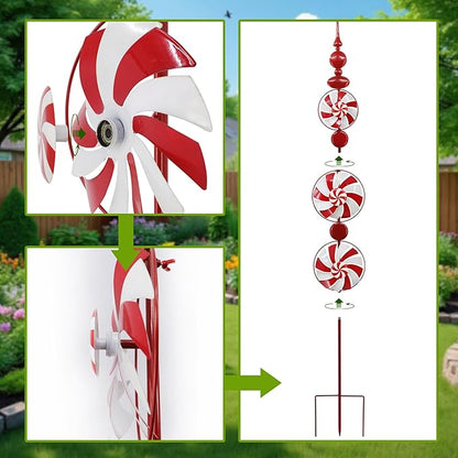 Red Candy Wind Spinner Mother's Day Outdoor Decorations,52 Inch Metal Wind Spinner Outdoor Decoration for Yard Art and Garden Lawn Ornaments，Outdoor Mother's Day Decorations Yard and Lawn Ornaments