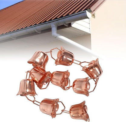 AYNEFY Morning Glory Rain Chain - 9 Cup 1m Length Copper Decorative Rain Catcher for Gutters, Adjustable Downspout Replacement with Flower Design for Garden & Outdoor Drainage