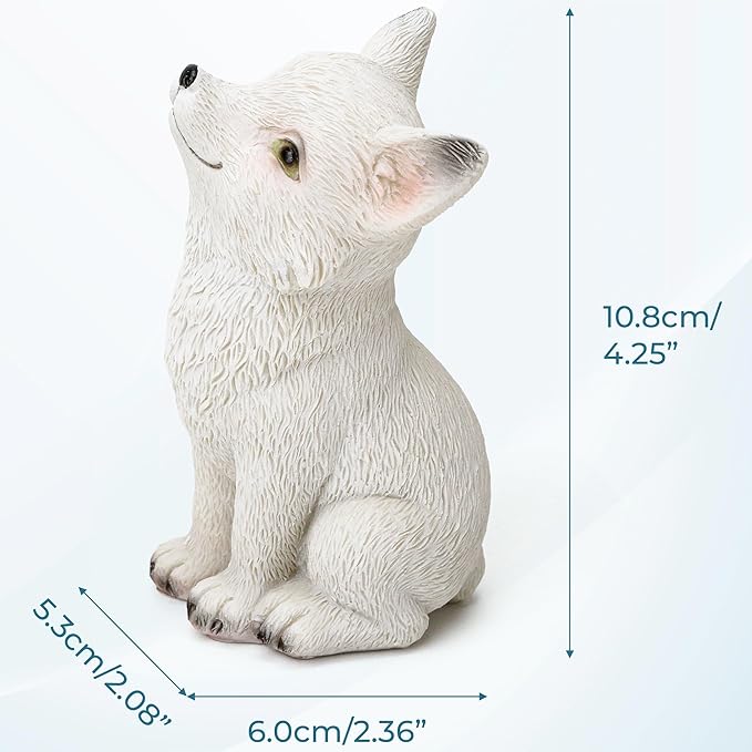 White Fox Figurine - Super Cute Little Sitting Baby Fox Cub Statue, Adorable Resin Sculpture, Decorative Polyresin Animal Ornament, Tabletop Décor for Outdoor Garden Patio Lawn Yard Pool Potted Plant
