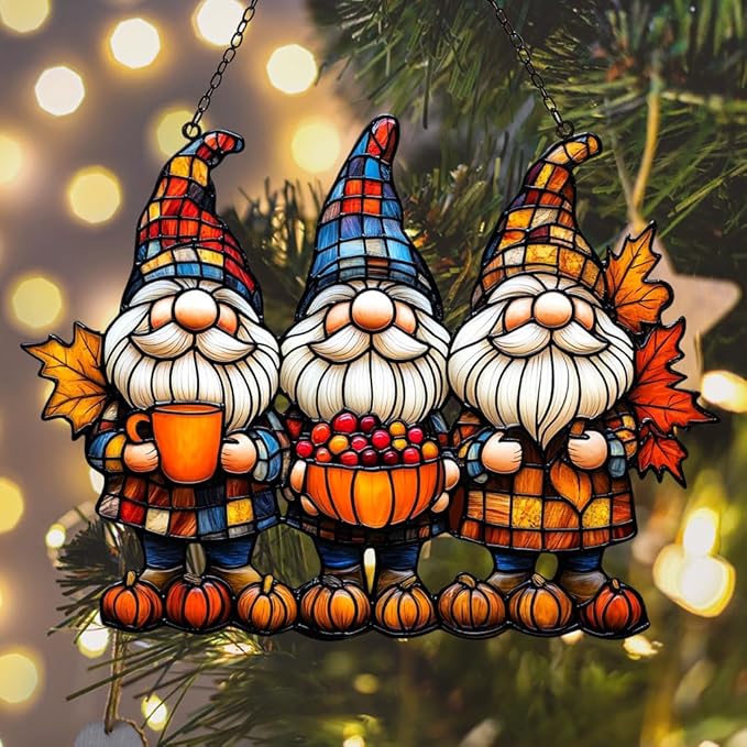Autum Gnome Punpkin Acrylic Suncatcher Stained Glass Effect Window Car Hanging Christmas Ornament Indoor Outdoor Decor Garden Sun Catcher Panel for Acrylic Suncatcher Lover for Women Mom Grandma