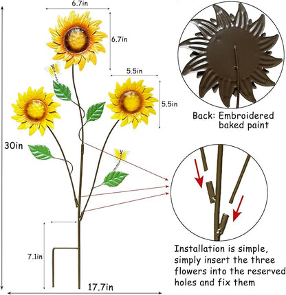 30" Metal Flowers for Outside Garden Stakes Decorative - 3-Head Sunflower Metal Yard Art Outdoor and Garden Decor, Spring Lawn Ornaments for Porch Backyard Patio, Rustproof Garden Gifts