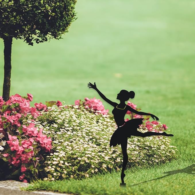 WADORN Dancing Lady Decorative Silhouette Garden Stakes, Metal Dancing Theme Stakes Statues Ornaments Lovers Gifts Yard Art Black Silhouette Yard Outside Decor for Backyard Patio, 14.1x8.7 Inch