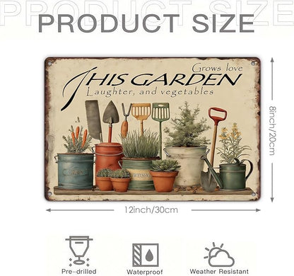 Garden Signs for Outside This Garden Grows Love, Laughter, and Vegetables, Funny Metal Signs for Home Garden Patio Yard, Retro Gardening Gifts for Women, Wall Decor 12" x 8"