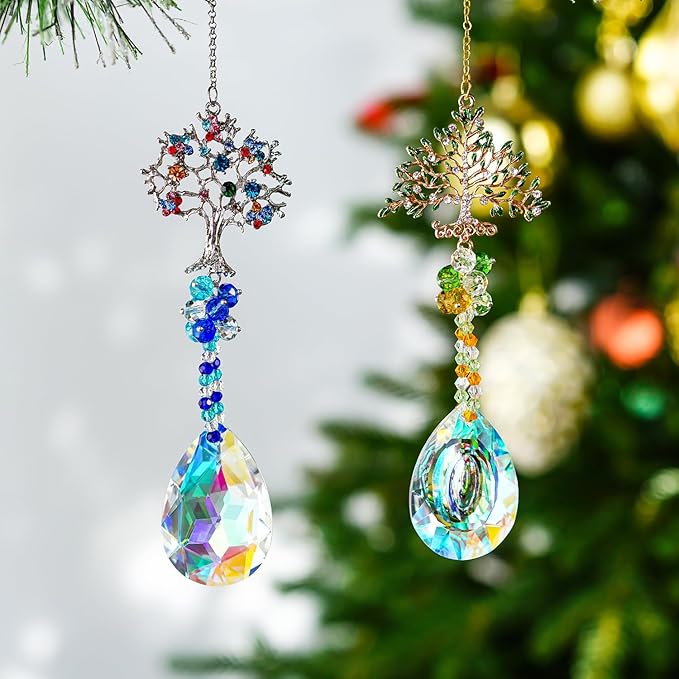 Crystal Suncatchers Window Crystals Hanging Suncatcher Colorful Glass Beads Chain Wind Chimes for Garden Outdoor Pendant Home Decor Gifts (2Pack- Tree of Life)