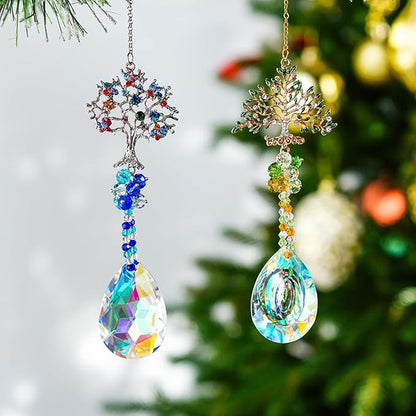 Crystal Suncatchers Window Crystals Hanging Suncatcher Colorful Glass Beads Chain Wind Chimes for Garden Outdoor Pendant Home Decor Gifts (2Pack- Tree of Life)