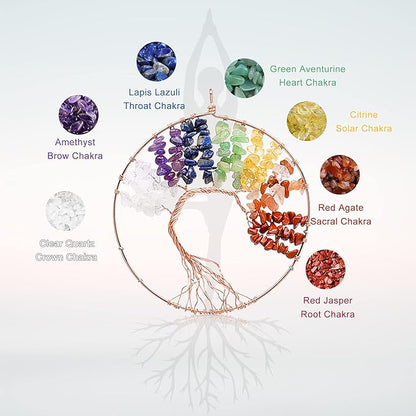 Yoption 7 Chakra Healing Stone Tree of Life Memorial Wind Chime, Natural Crystal Agate Slices Windchimes for Indoor Outdoor Decoration Ornament, 18-19 inch