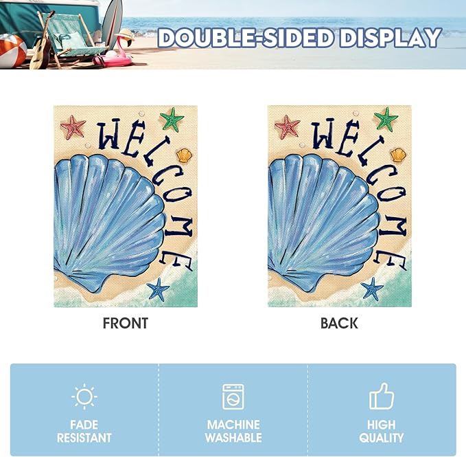 AVOIN colorlife Summer Coastal Beach Shell Garden Flag 12x18 Inch Double Sided, Welcome Seasonal Nautical Burlap Yard Outdoor Decoration