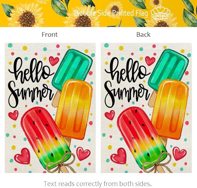 CROWNED BEAUTY Summer Garden Flag Popsicles Double Sided 12x18 Inches Small Burlap Seasonal Welcome Yard Decoration for Outside Porch CF1813-12