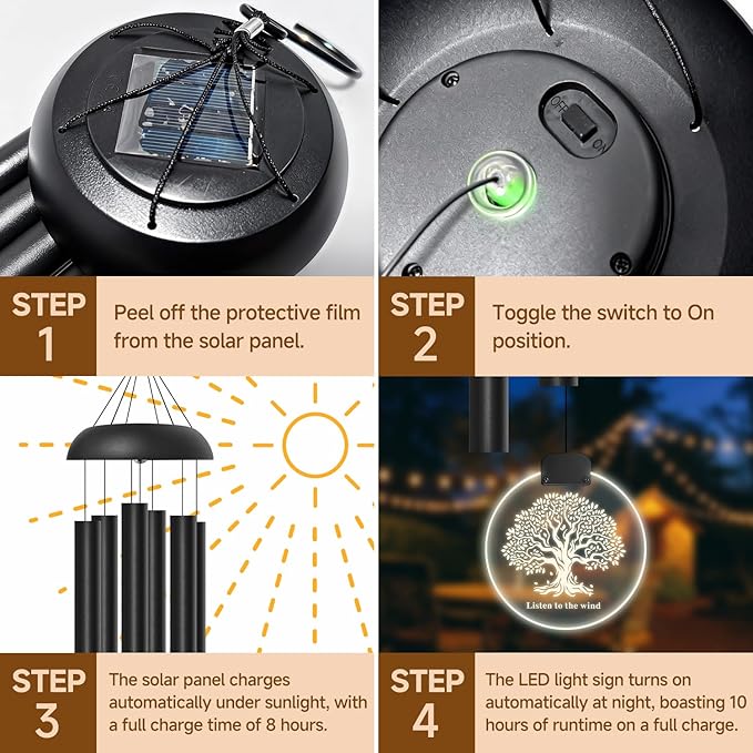 Solar Wind Chimes for Outside, 6 Tubes Relaxing Melody Wind Chimes with Tree of Life LED Windcatcher, Windchimes for Garden Patio Decor, Great Gift Idea for Mother's Day