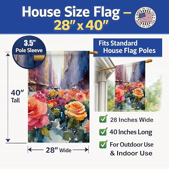 Caroline's Treasures New York Roses in Watercolor House Flag Large Porch Sleeve Pole Decorative Outside Yard Banner Artwork Wall Hanging, Polyester, House Size, Multicolor