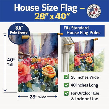 Caroline's Treasures New York Roses in Watercolor House Flag Large Porch Sleeve Pole Decorative Outside Yard Banner Artwork Wall Hanging, Polyester, House Size, Multicolor