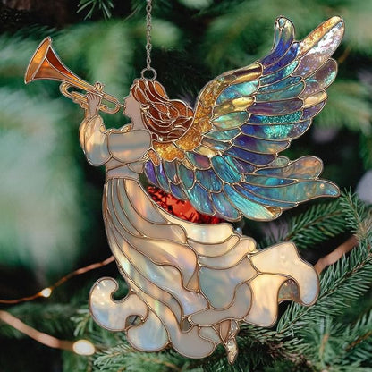 Whistle Angel Mosaic Style Tiffany Effect Acrylic Suncatcher Stained Glass Effect Window Car Hanging Christmas Ornament Indoor Outdoor Decor Garden Sun Catcher Panel for Women Mom Grandma