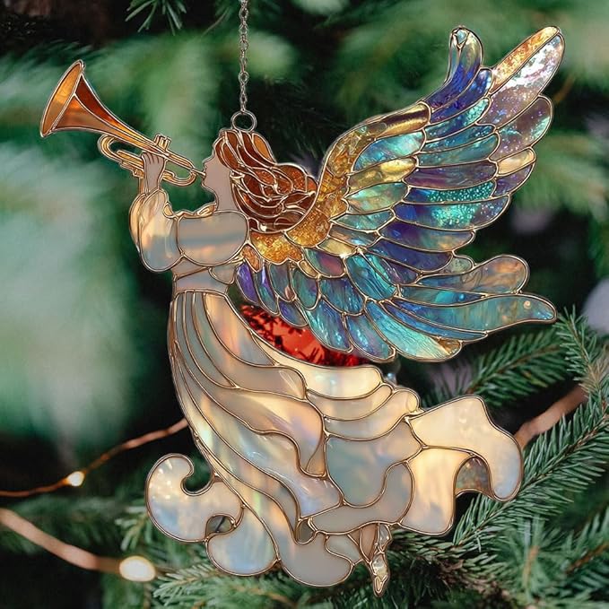 Whistle Angel Mosaic Style Tiffany Effect Acrylic Suncatcher Stained Glass Effect Window Car Hanging Christmas Ornament Indoor Outdoor Decor Garden Sun Catcher Panel for Women Mom Grandma
