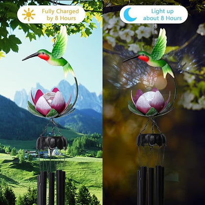 Taman Solar Wind Chime - 46" Hummingbird Solar Light with Lotus Crack Glass Ball Valentine's Day Gift for Outside Waterproof Decorative Memorial Gift, for Home, Outdoor, Yard, Patio,Garden Decor