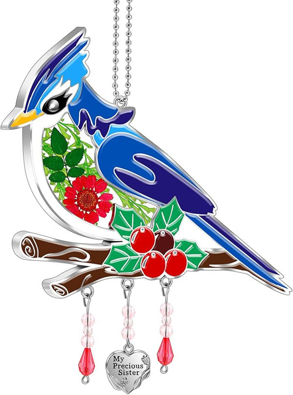 KY&BOSAM Blue Bird Suncatcher My Precious Sister Gift Glass Sun Catchers for Window Hainging Wind Chime Ornament with Real Flower and Metal Charm Birthday Gifts for Women Sister Mother's Day Christmas