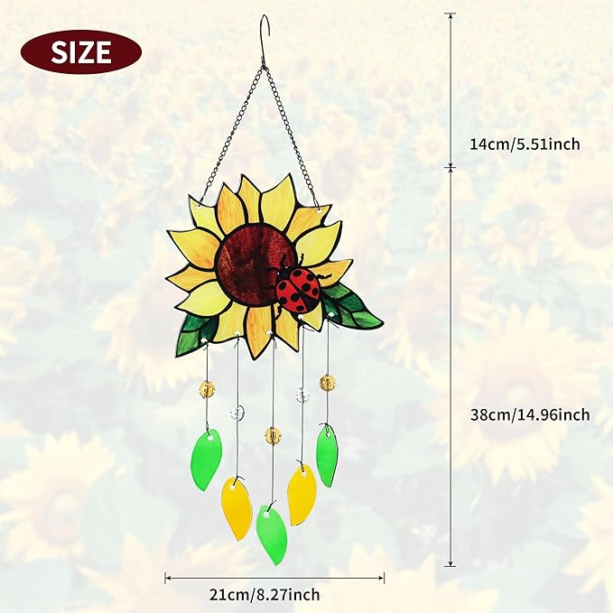 Stained Glass Suncatcher, Sunflower and Ladybug Window Hanging, 20 x 8 inches, Hand-Painted (Style 1)