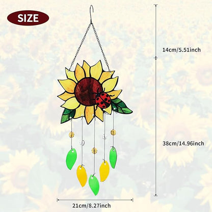Stained Glass Suncatcher, Sunflower and Ladybug Window Hanging, 20 x 8 inches, Hand-Painted (Style 1)