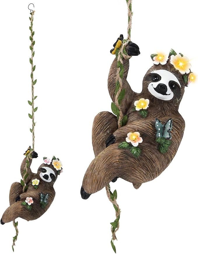 Colingmill 1Pcs 8x5 Inch Solar Sloth Hanging Statue Christmas Resin Garden Gnome Figurine Sloth Decorative with Hook Gifts for Mom Grandma for Outdoor Yard Tree Fence Balcony Wall Decor
